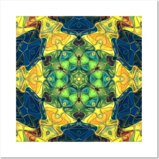 Mosaic Mandala Flower Green Yellow and Blue Posters and Art